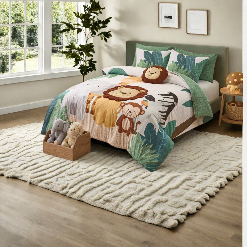 Ensemble de literie safari, ensemble de 6 pièces en microfibre pour grand lit avec coussin lion