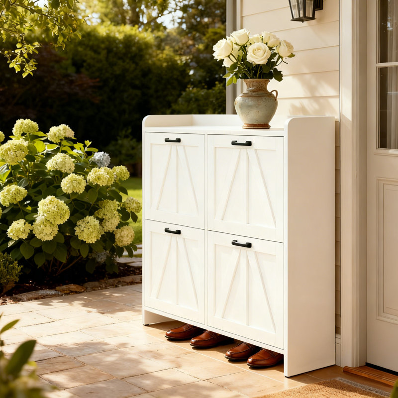White Modern Fence Shoe Cabinet With 4 Flip Drawers, Sleek Space-Saving Entryway Organizer For Living Room, White