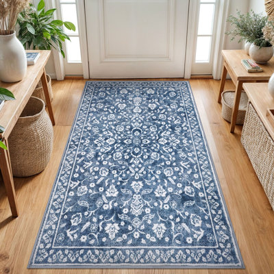 Blue Machine Washable Rugs for Bedroom Non-Slip Low Pile Throw Rugs with Rubber Backing Washable Carpet