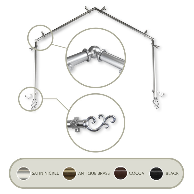 Ensemble de quincaillerie à rideaux simple à 3 côtés pour fenêtre bay Verlyn, Nickel satiné, 28 po à 48 po (chaque côté)