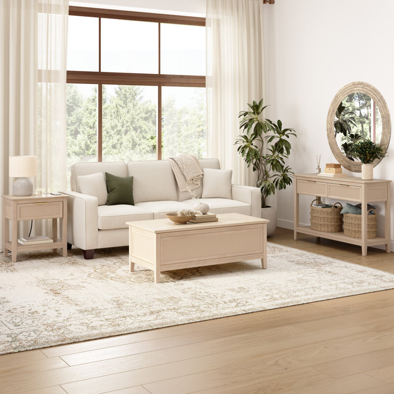 Table basse à plateau relevable cannelé 47W avec rangement pour salon, Bois naturel