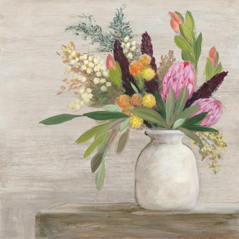 Protea Still Life I - peinture sur toile tendue, H 20 po x l 20 po