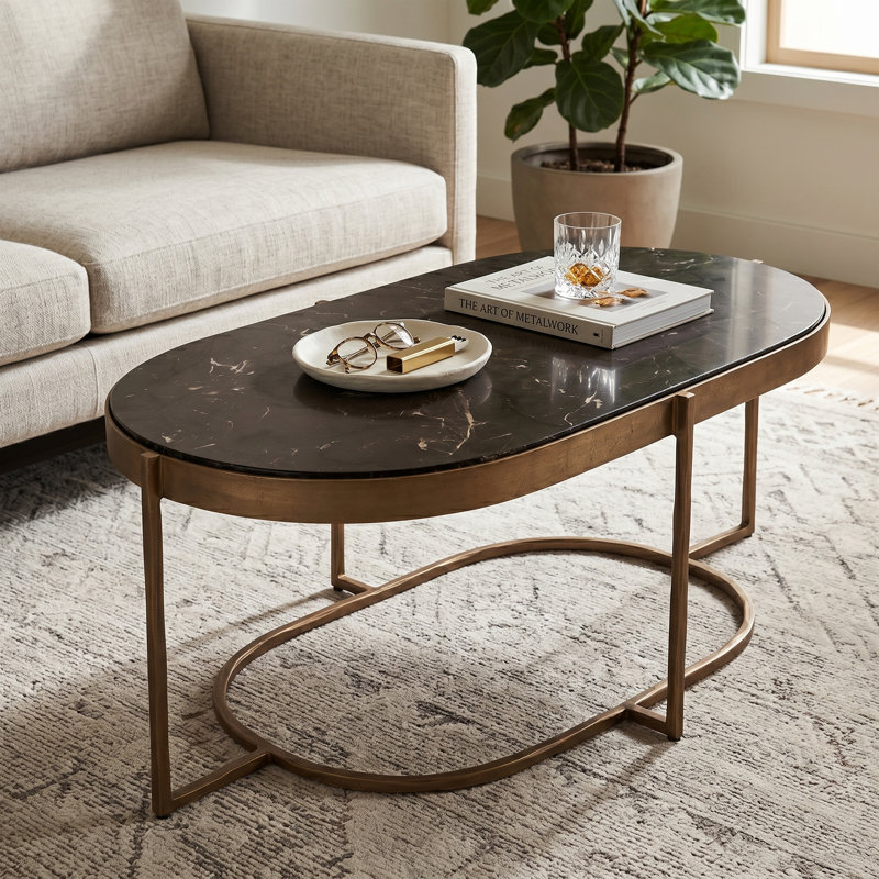 Fresno 43" Coffee Table With Black Marble And Antique Brass Base