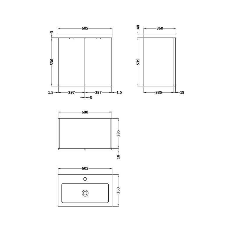 Fusion 605mm Single Bathroom Vanity with Integrated Polymarble Basin, Anthracite Woodgrain