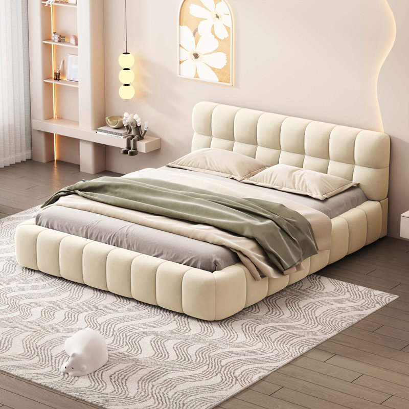 Lit plateforme tapissier avec tissu épais, lit au sol avec structure solide, Beige