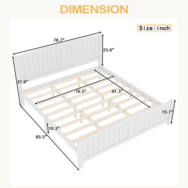 Platform Bed, Solid Wood Platform Bed With Support Slats And Strong Structure, No Box Spring Needed, White, King