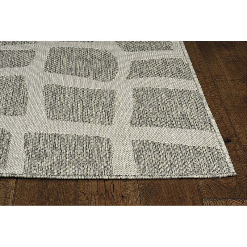 Abstract Indoor / Outdoor Rug, Round 7'10", Ivory/Gray