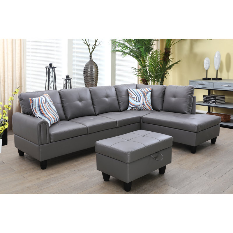 Jayzen 3 - Piece Vegan Sectional, Right Hand Facing, Black, Dark Gray Faux Leather