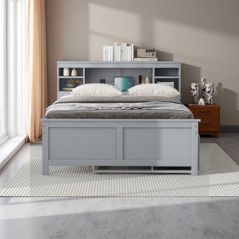 Lit plateforme avec tête de lit avec rangement, USB, lit gigogne et 3 tiroirs, Gris, Double