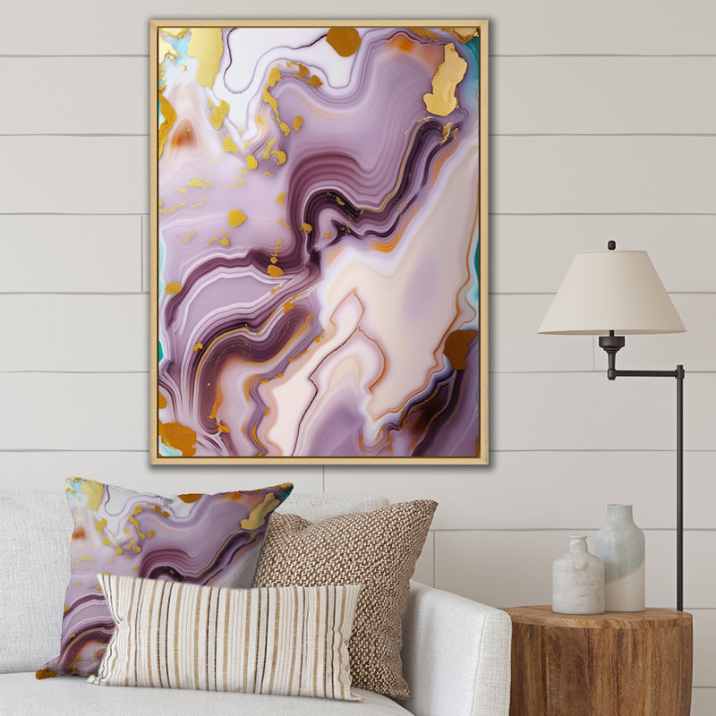 Abstractions dorées et mauves sur toile, H 40 po x l 30 po, Cadre naturel flottant