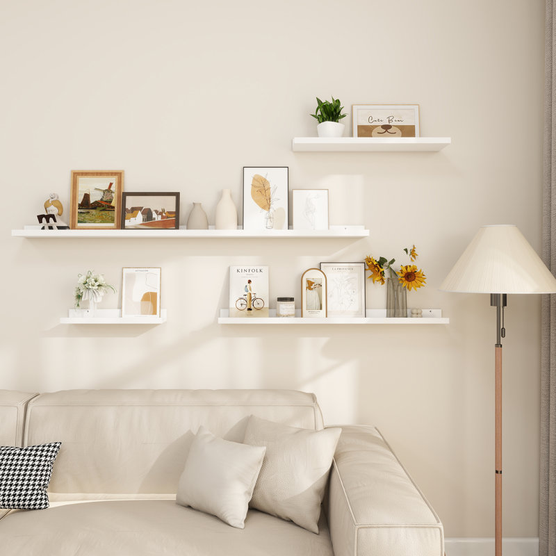 Parece Wall-Mounted Floating Shelves for Bedroom, Living Room, White, 2" H x 48" W x 5" D