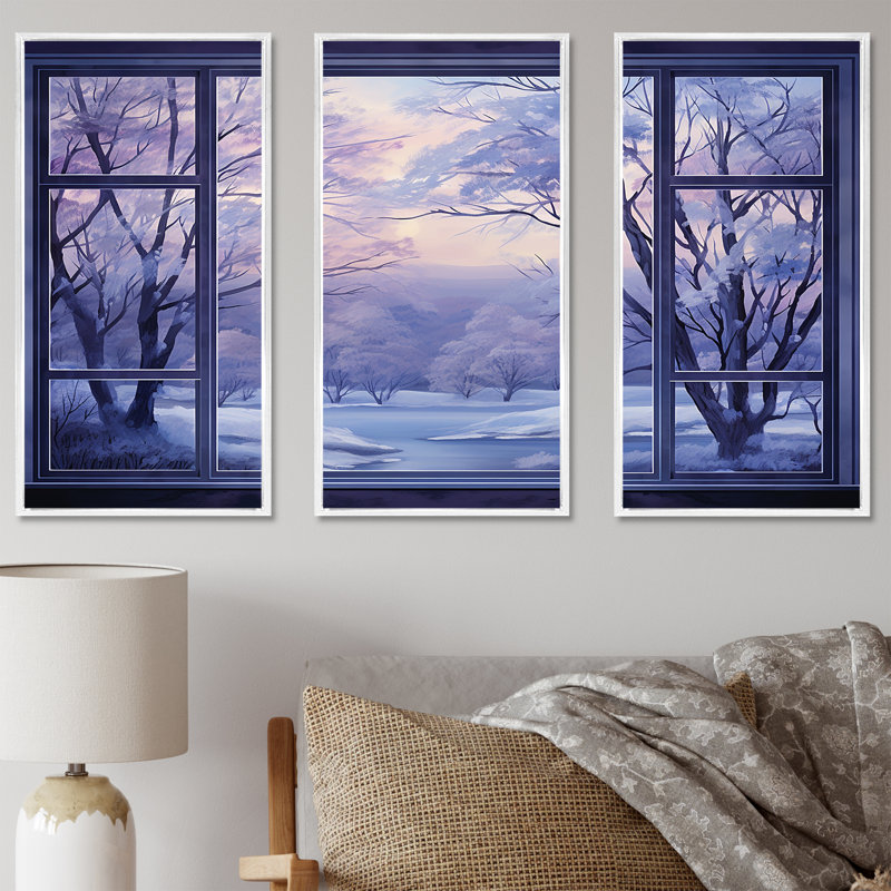 «Purple River Winter Windows IV - Winter Landscape», art mural, Cadre flottant blanc, H 32 po x l 48 po x P 1 po