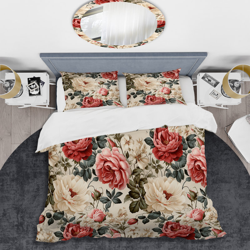 Ensemble de housse de couette rose et beige à motif de treillis antique III