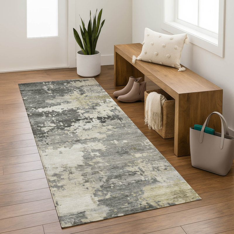 Premium Machine Washable Mayfield AMF2142 abstract Rug, 2'3" x 7'6" Runner, Pewter