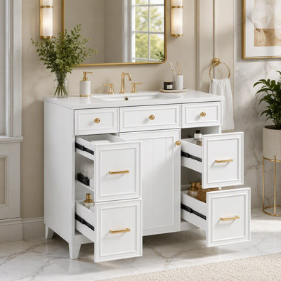 Meuble-lavabo 36 po avec lavabo en céramique, cadre en bois massif blanc, portes à fermeture douce, tablettes réglables, 3 tiroirs, y compris un tiroir à double profondeur pour le rangement du sèche-cheveux