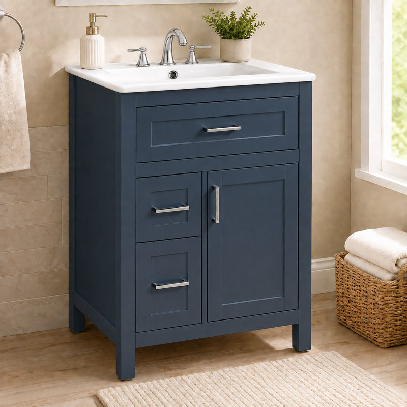 Meuble-lavabo 24 po avec lavabo en céramique, armoire de salle de bain en panneau de fibres à densité moyenne avec 1 porte, 1 tiroir rabattable et 2 tiroirs, meuble-lavabo à fermeture en douceur avec tablette réglable et poignées argentées