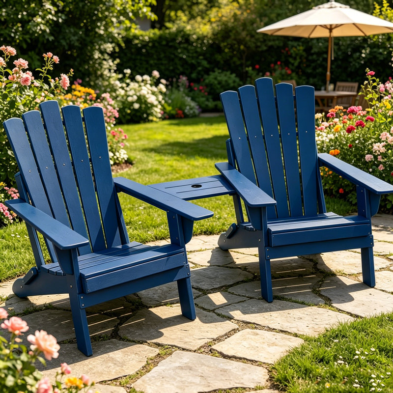 Set Of 2 Folding-Adirondack-Chairs With Connecting Tray, Blue