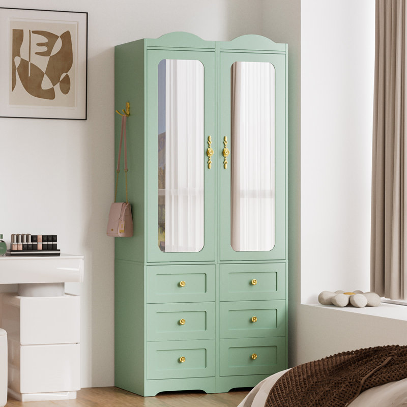 Armoire-penderie avec 6 tiroirs, miroir, tringle et éclairage DEL à détecteur de mouvement pour chambre à coucher, verte