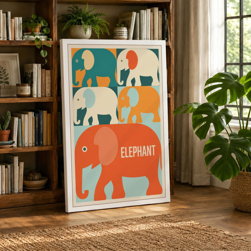 Elephant Study Grid Mid-Century - Wrapped Canvas, 24x16 - 61.0 x 40.6 cm, Teal Border
