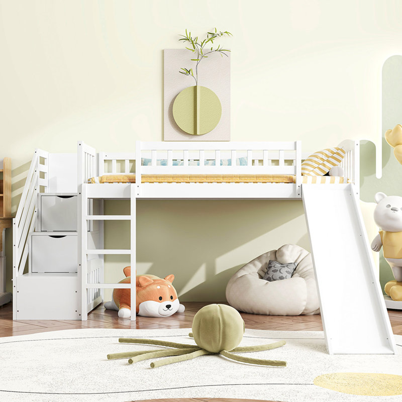 Stairway Twin Size Loft Bed with Two Drawers and Slide, White