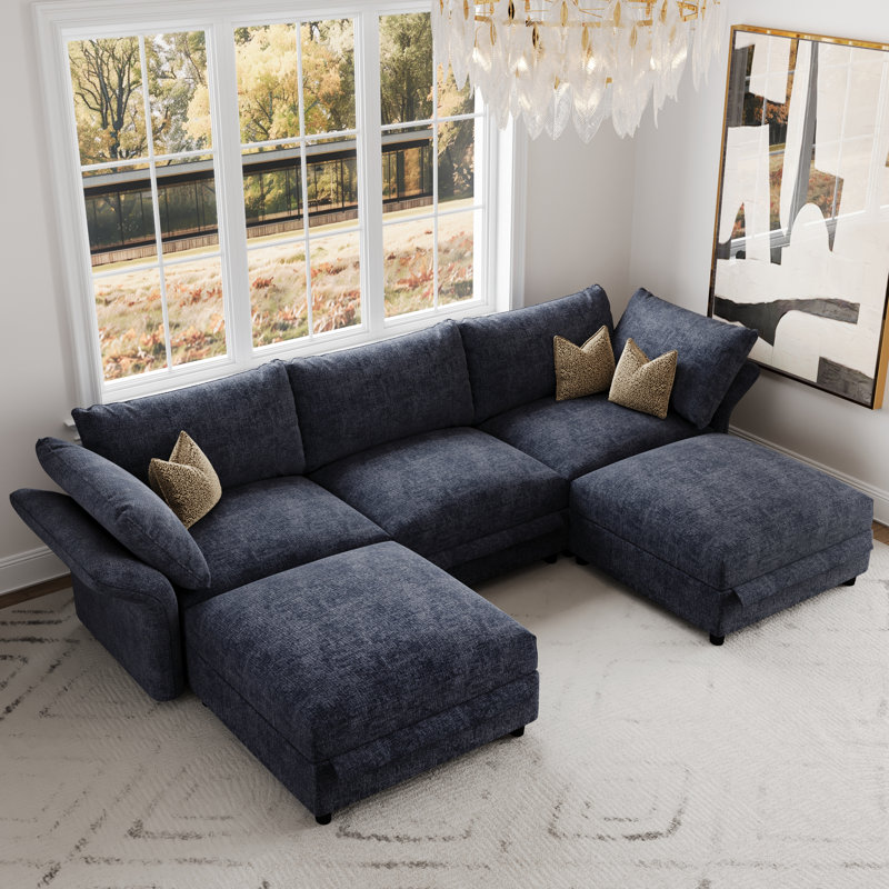5 Seat  Deep Seat Modular Sectional Oversized  Sofa Couches Armrest Backrest With Storage Chenille, Black Chenille