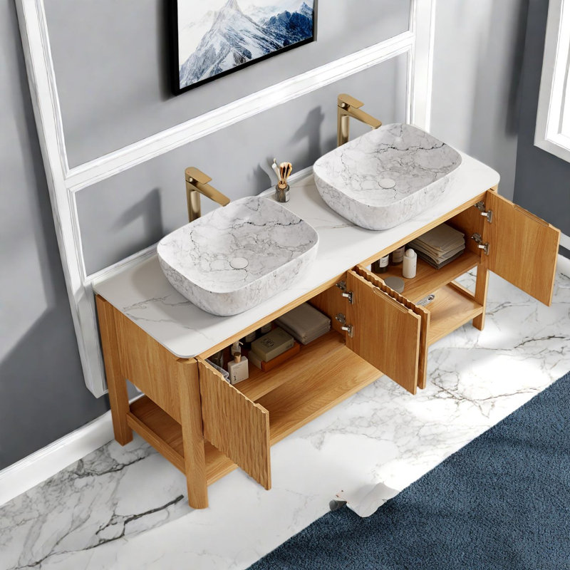 Modern Vanity With Sinks, Wood & Marble, Spacious Bathroom Storage Solution