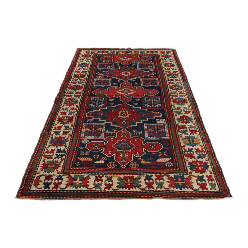 Tapis tribal Kazak 4 x 9 bleu marine et ivoire