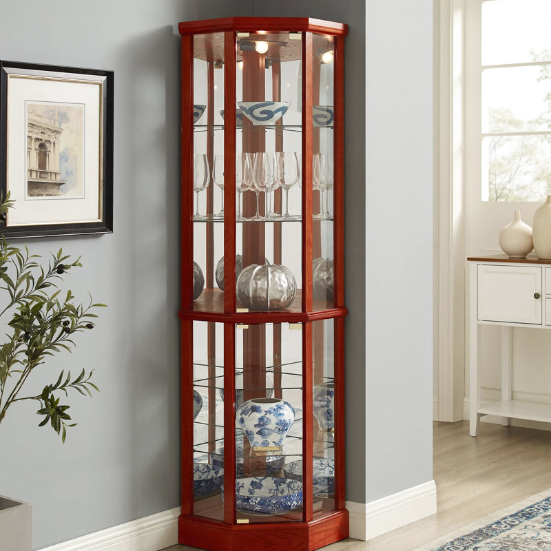 Vitrine lumineuse à 6 tablettes avec tablettes réglables en verre et dossier en miroir cerisier élégant, Cerisier