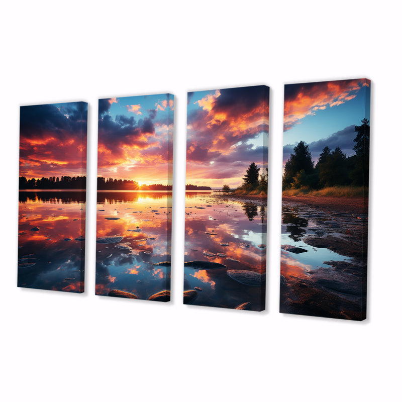 «Horizon Sunset By The Lake I - Lake», art mural 4 pièces, H 32 po x l 64 po