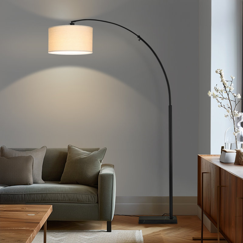 Logan Adjustable 76" Black LED Arc Floor Lamp with Beige Drum Shade