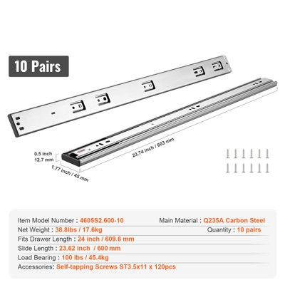 10 paires de glissières latérales de tiroir de 61 cm (24 pouces), capacité de charge de 45 kg (100 lb), rail en acier robuste à extension complète, glissières silencieuses à fermeture amortie pour armoires de cuisine avec roulement à billes