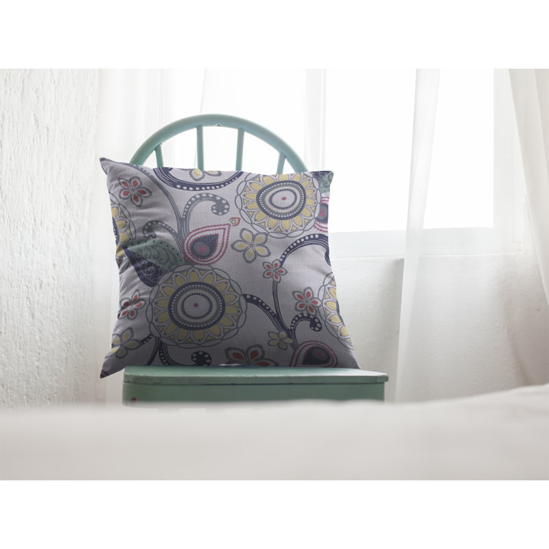 Rina Floral Faux Suede Reversible Throw Pillow, 16"x16", Green/Dark Blue/White