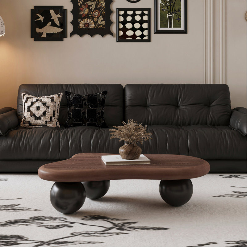 Cloud Shaped Coffee Table With 3 Ball Legs For Living Room, Noir, 11.7" H x 40" L x 26.8" W, Dark Walnut