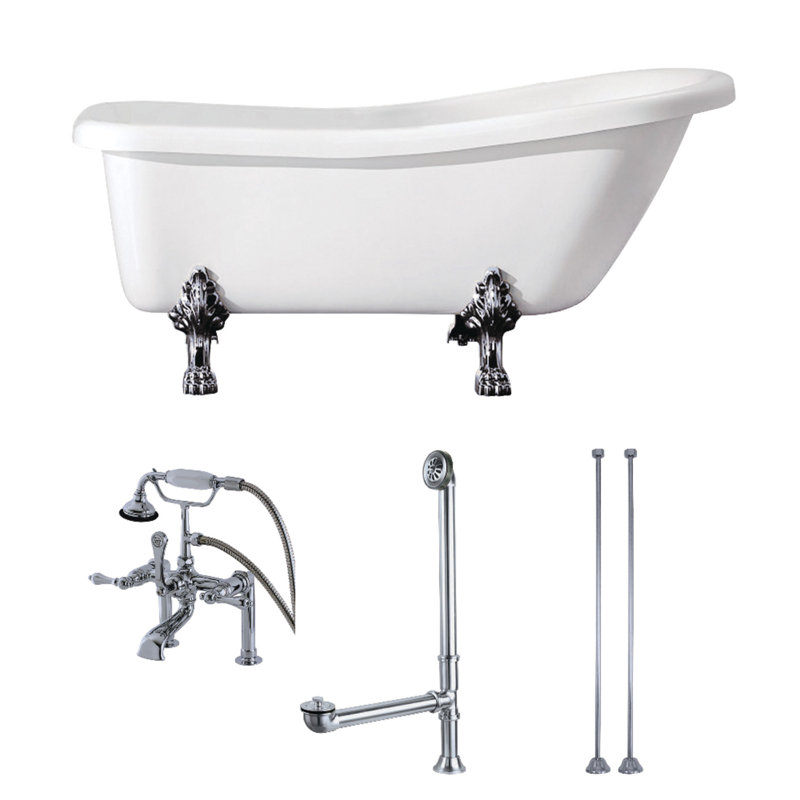 Kingston Brass Aqua Eden 67-Inch Acrylic Oval Single Slipper Clawfoot Tub with Faucet Drain and Supply Lines Combo