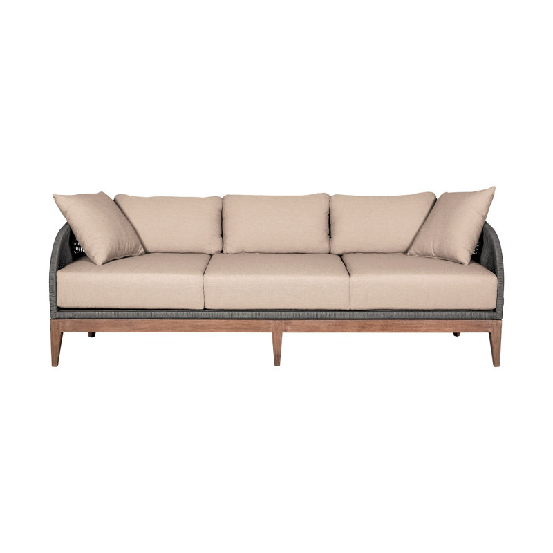 Outdoor Patio Sofa In Weathered Eucalyptus Wood With Gray Rope And Taupe Olefin Cushions