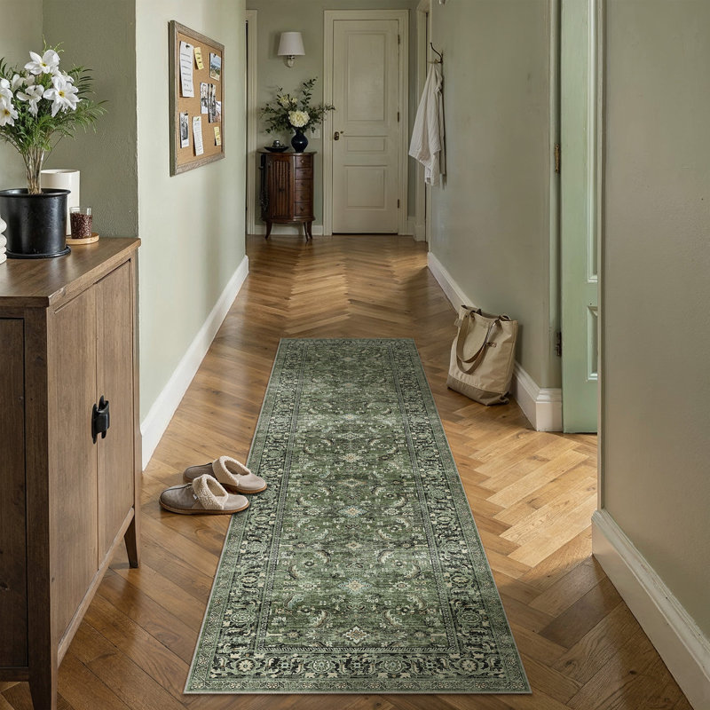 Goudeau Vintage Green Area Rugs For Living Room With Non-Slip Backing, Runner 2' x 6'