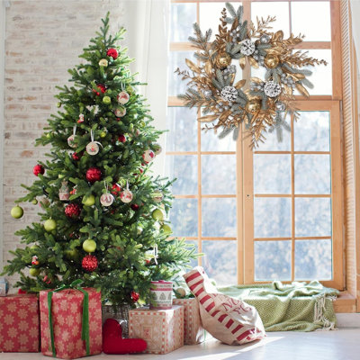 Christmas Wreath 20 Inch Christmas Door Decorations Wreath with Warm Lights,Christmas Balls, Pine Cones, Golden Twigs, Pine Needles and Silver Berries for Door Window Outdoor Home Decoration
