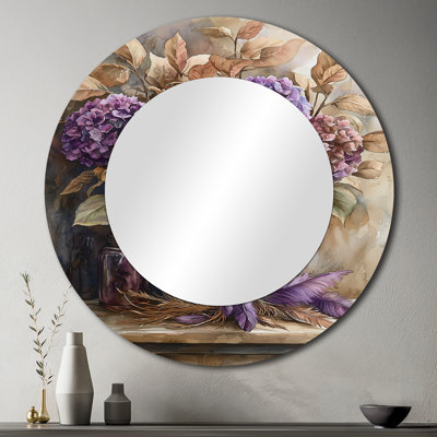 Hortensias avec plumes - miroir floral pour décoration murale - imprimé sur métal