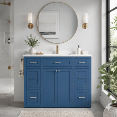 Meuble-lavabo avec lavabo en céramique, 6 tiroirs, tiroir rabattable, portes à fermeture en douceur et porte-serviettes réversible pour salle de bain moderne