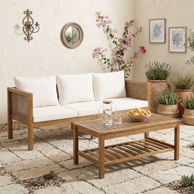 3-Seater Wood Patio Sofa and Coffee Table Set