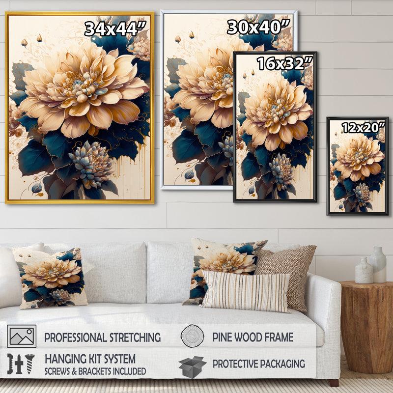 Orange clair et bleu foncé Dhalia II - art mural sur toile floral et botanique, H 20 po x l 12 po x P 1 po