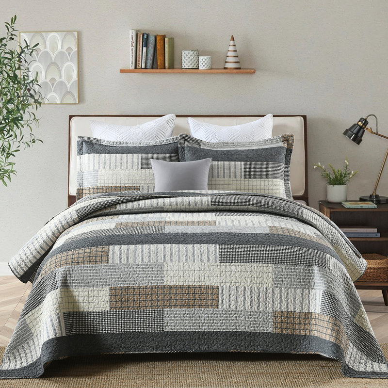 King Size Grey Tan Black Cotton Patchwork Quilt Set