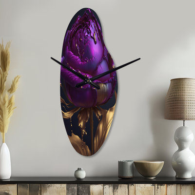 Purple Peony Liquid Gold III - Curved Peonies Metal Wall Clocks, Asymmetrical Wall Clock Print