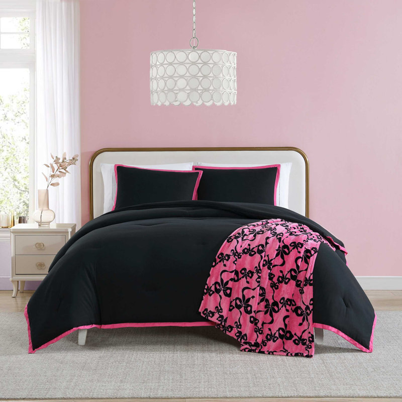 Ensemble d'édredon réversible Betsey Johnson Signature, Édredon grand et 3 pièces supplémentaires, Rose/noir