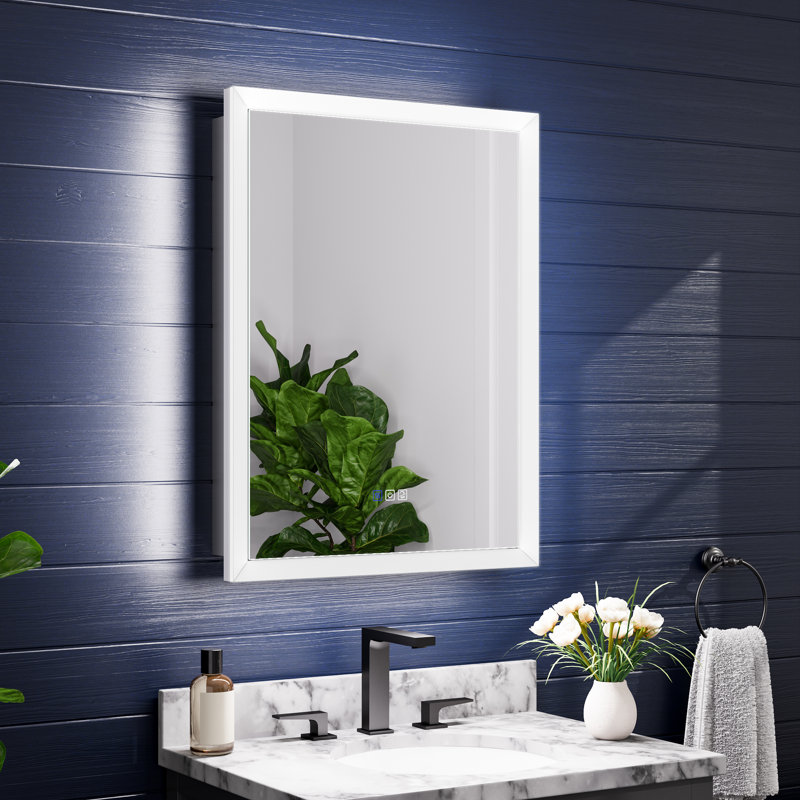 Armoire à pharmacie murale et encastrée à DEL pour la salle de bain, anti-buée, à intensité variable, station de charge intégrée, miroir grossissant 3X