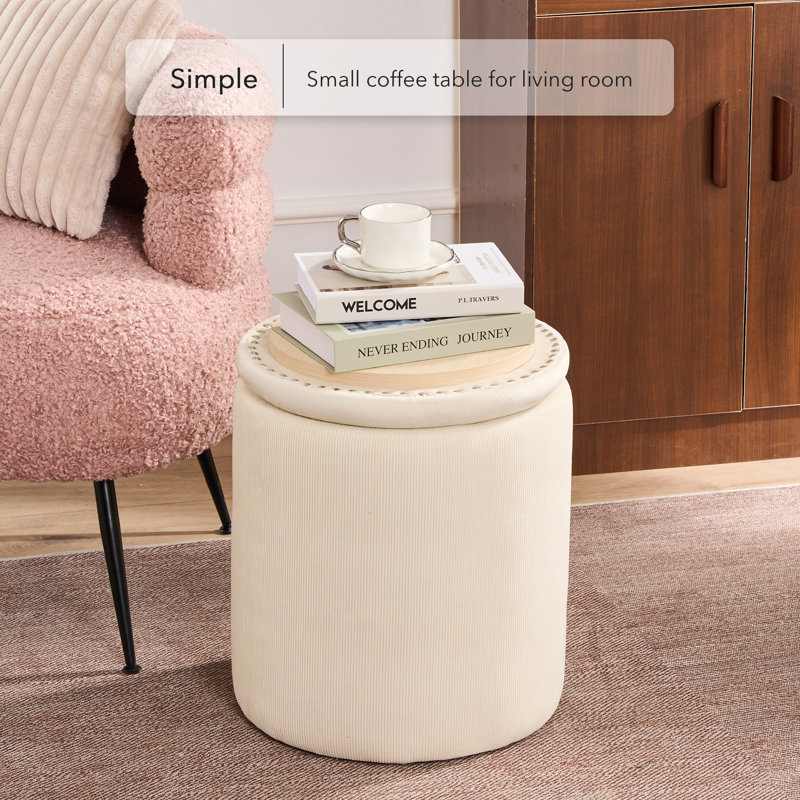 Round Ottoman With Storage Set Of 2, Beige Velvet