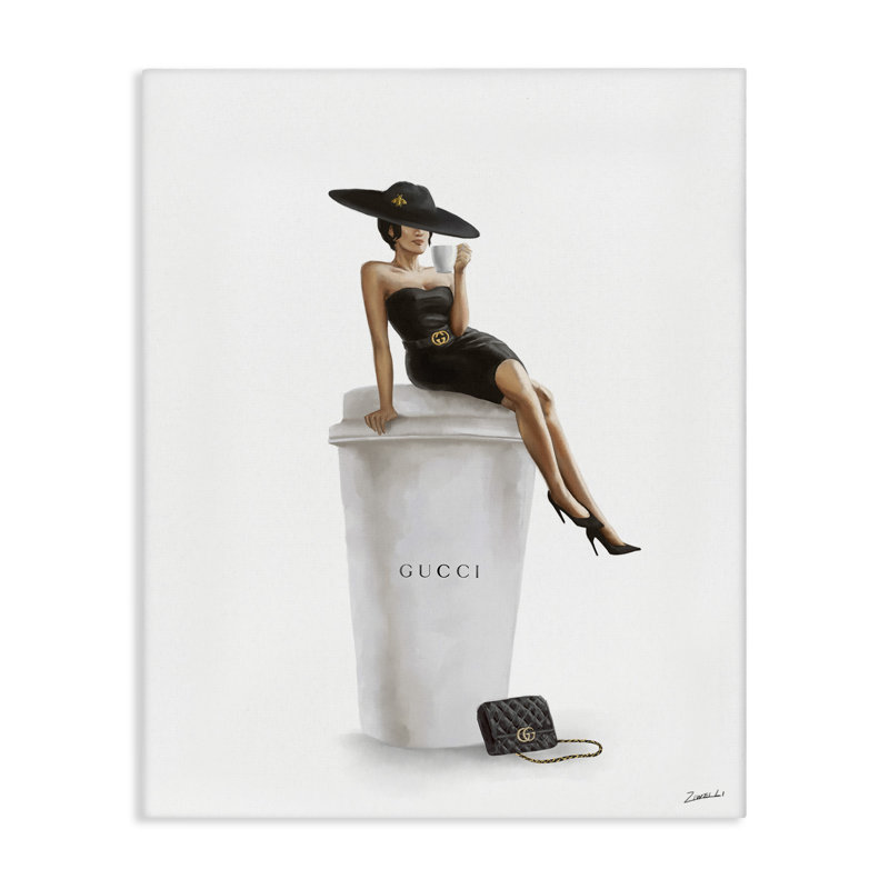 «Stylish Fashion Femelle Pose Coffee Designer Purse» par Daphne Polselli - impression d'art graphique, H 20 po x l 16 po