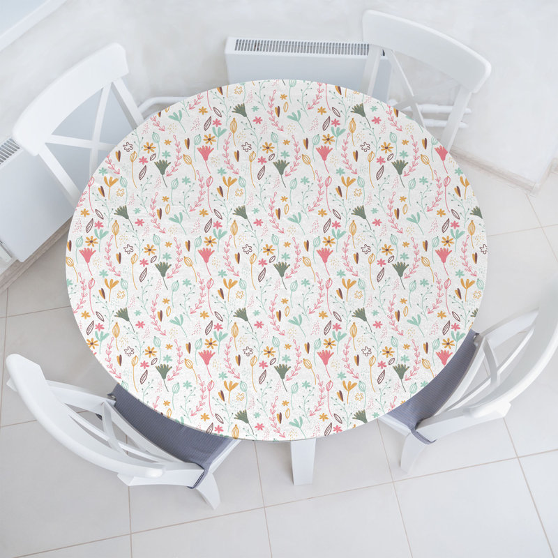 Winston Porter Botanical Fitted Round Tablecloth 40"- 44" Diameter White Multicolor, 51.97" Round