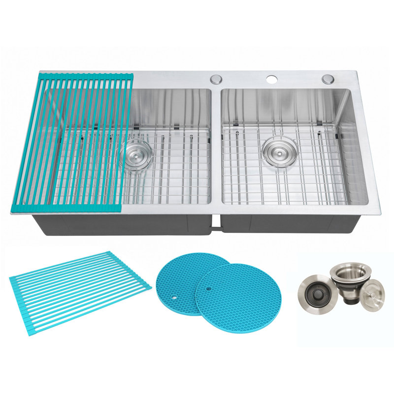 CozyBlock 42.87'' L Double Bowl Stainless Steel Kitchen Sink