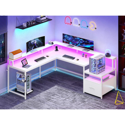 Gaming Desk,Home Office Desk With Power Outlet And Led Lights, Corner Computer Desk With Monitor Shelf,(Black/66"/Wood Filedrawer) by Inbox Zero